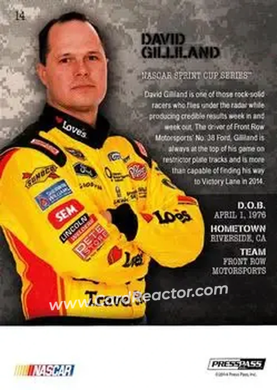 2014 Press Pass American Thunder #14 - David Gilliland - Front Row Motorsports - Back