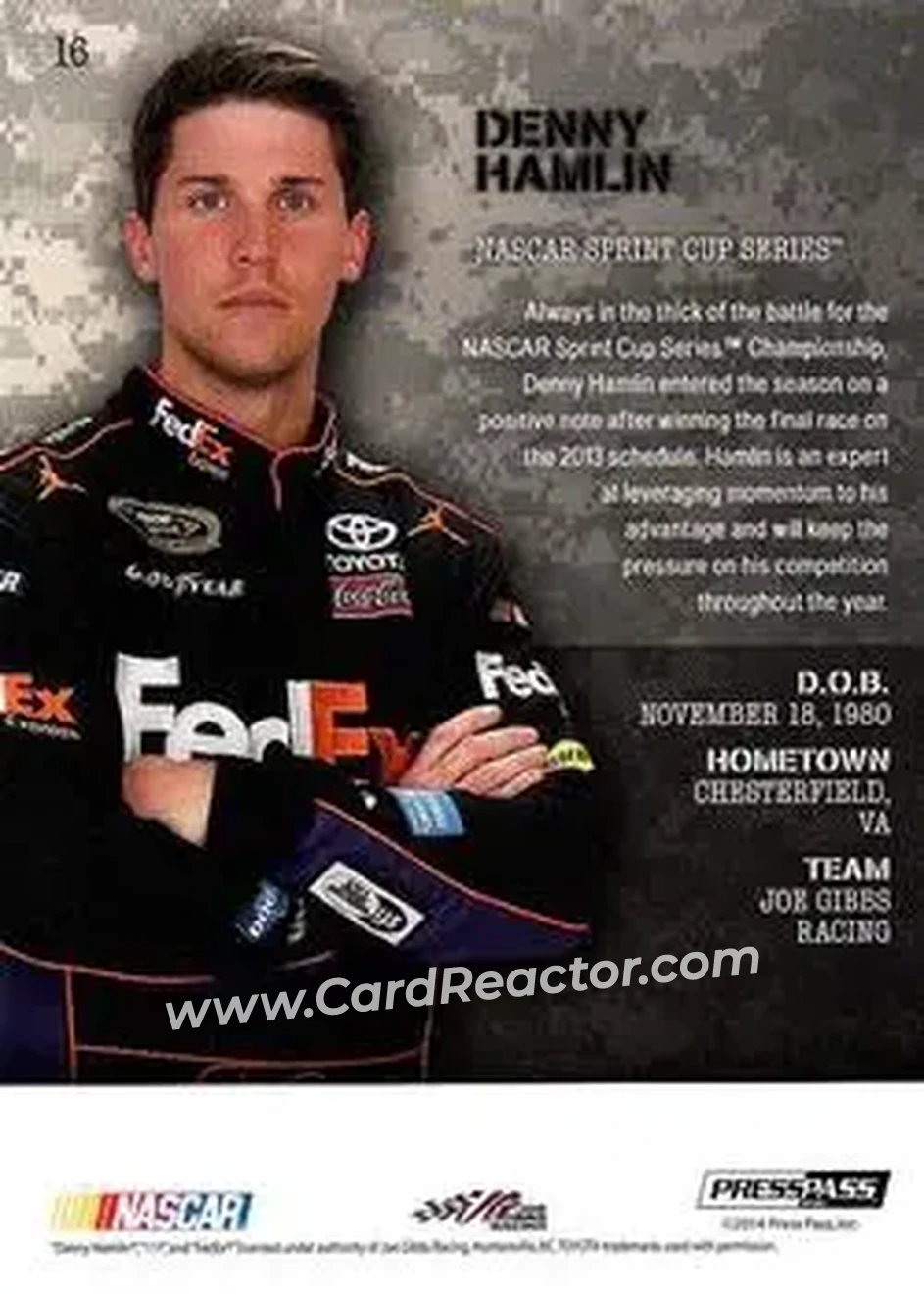 2014 Press Pass American Thunder #16 - Denny Hamlin - Joe Gibbs Racing - Back