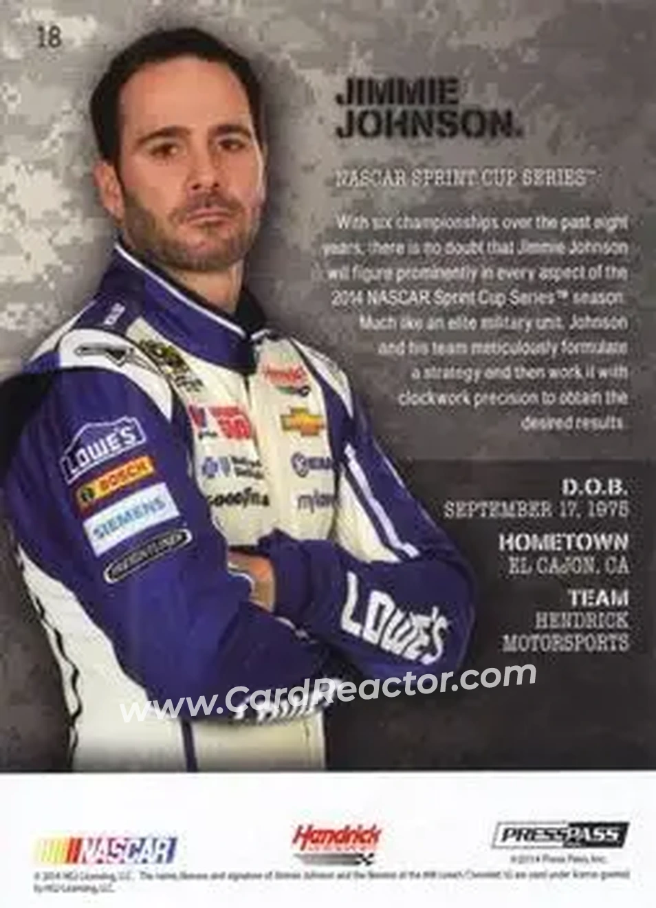 2014 Press Pass American Thunder #18 - Jimmie Johnson - Hendrick Motorsports - Back