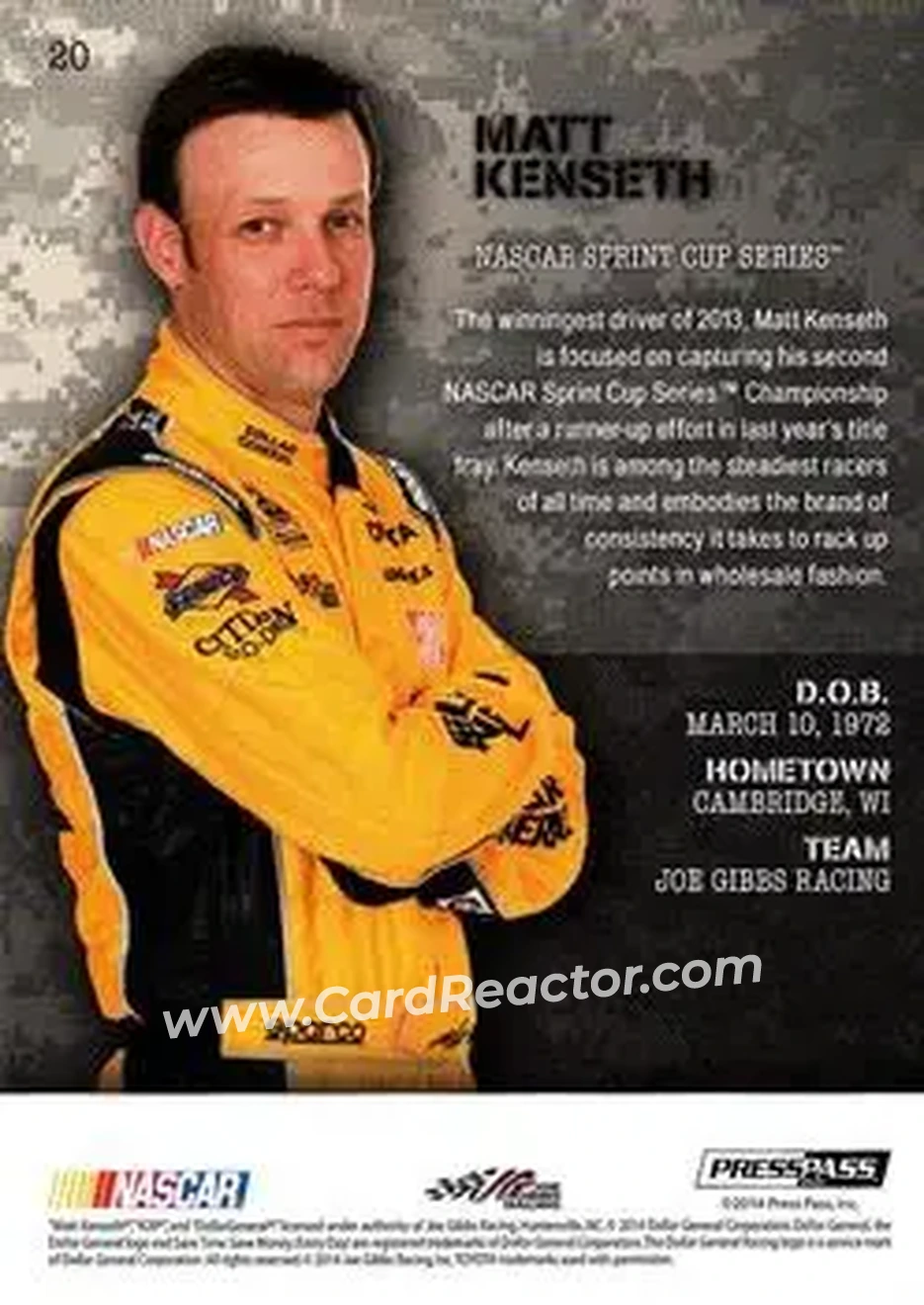 2014 Press Pass American Thunder #20 - Matt Kenseth - Joe Gibbs Racing - Back