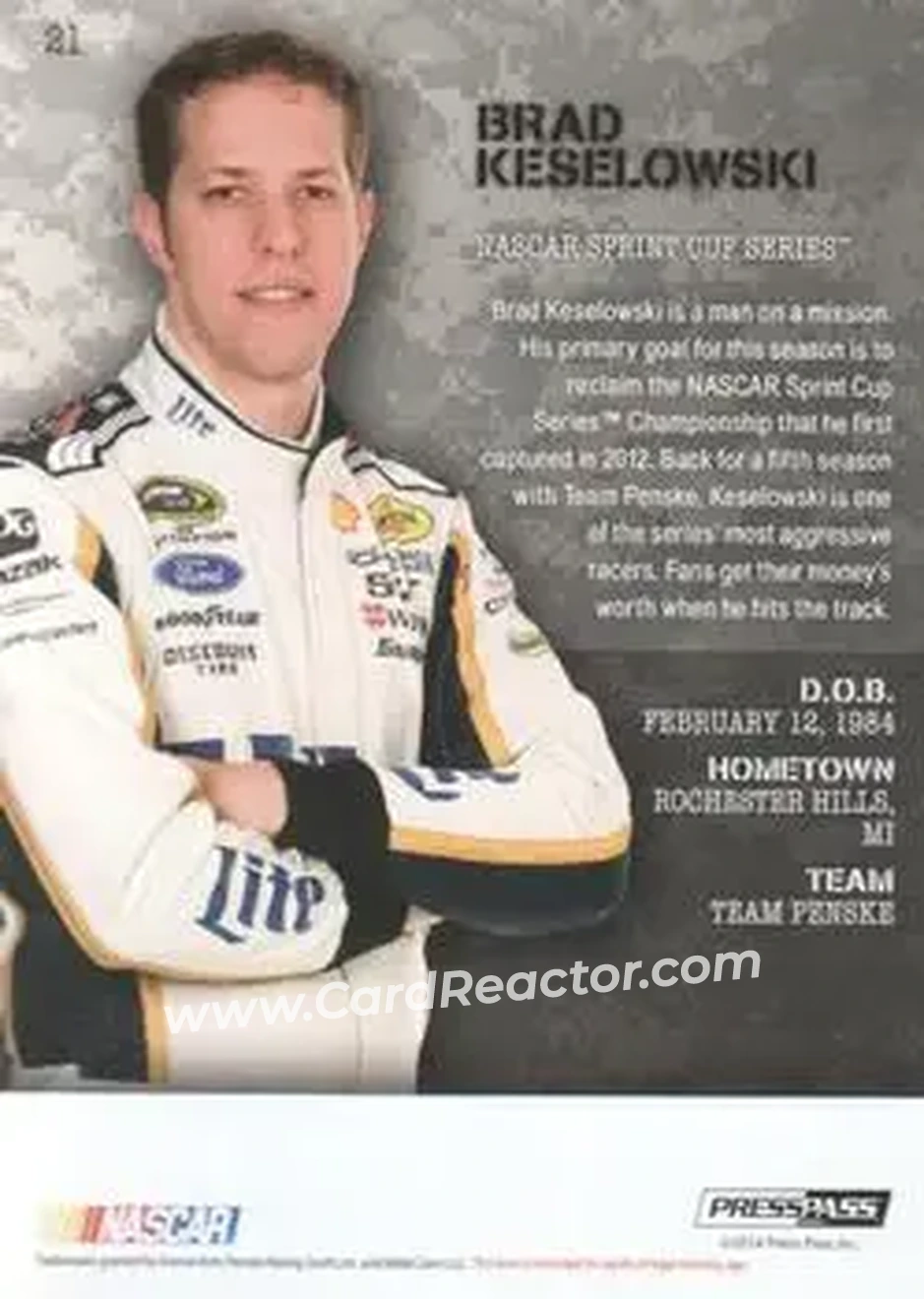 2014 Press Pass American Thunder #21 - Brad Keselowski - Team Penske - Back