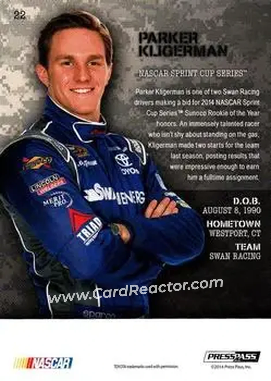 2014 Press Pass American Thunder #22 - Parker Kligerman - Swan Racing - Back