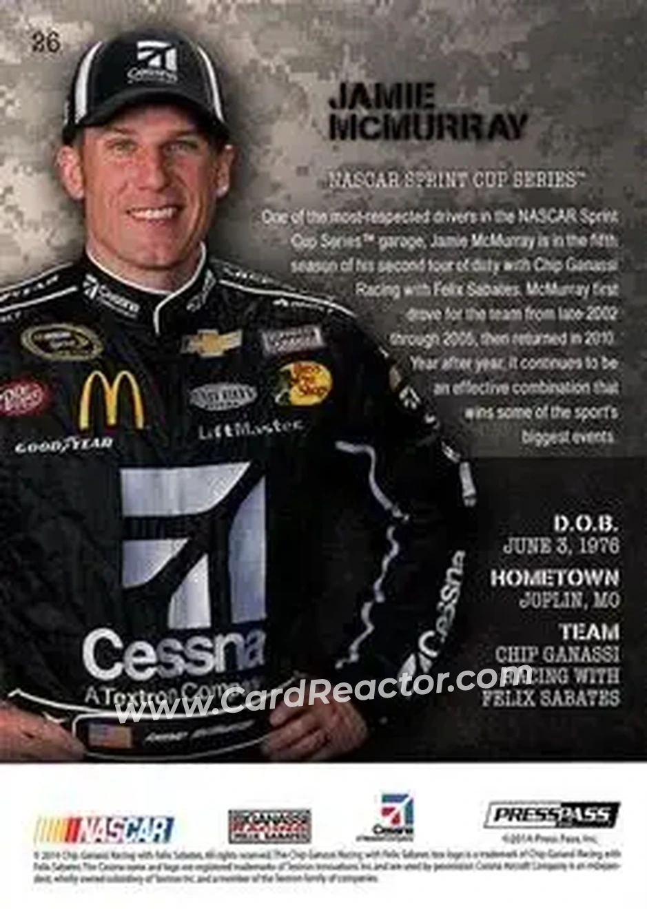 2014 Press Pass American Thunder #26 - Jamie McMurray - Chip Ganassi Racing with Felix Sabates - Back