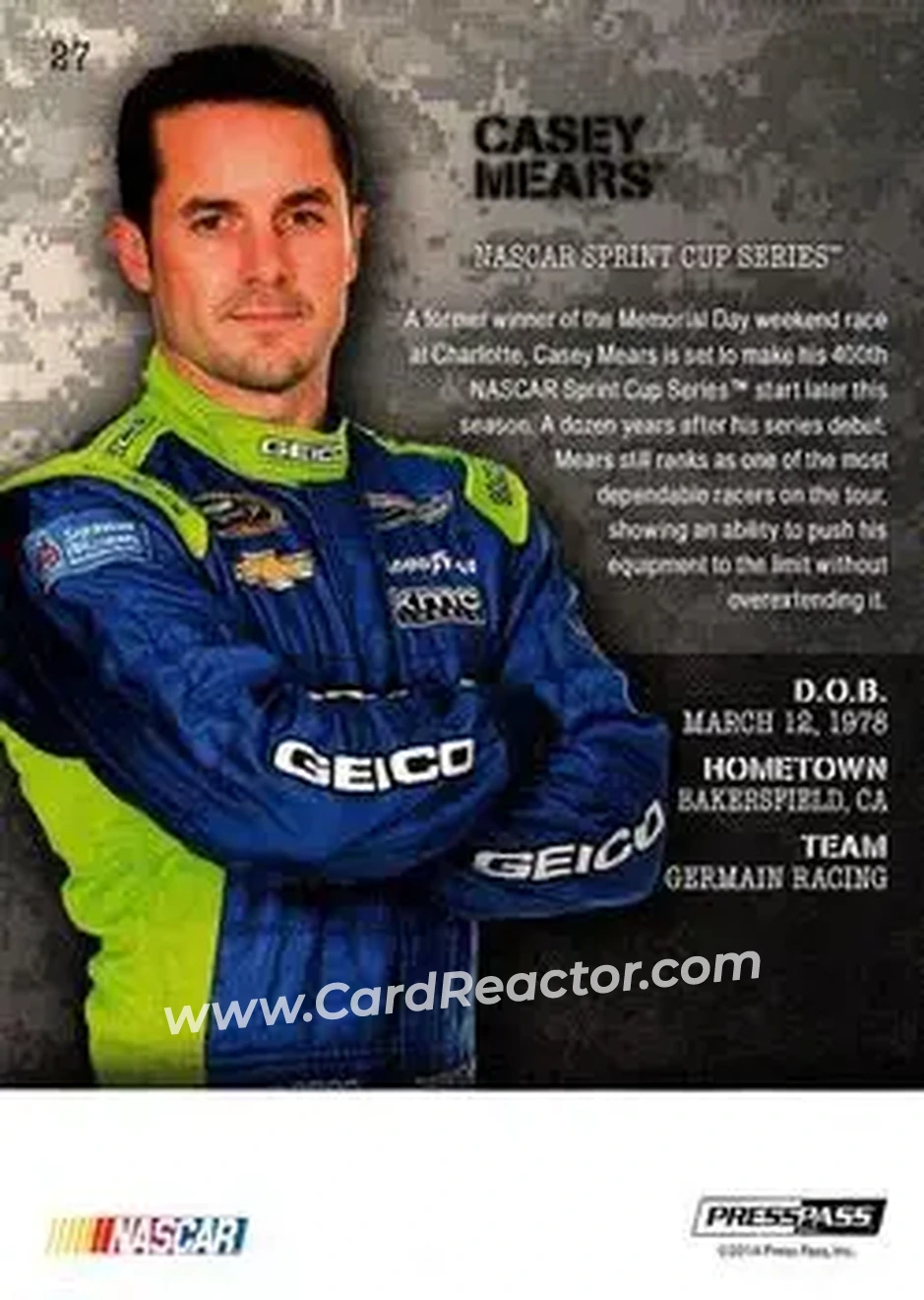 2014 Press Pass American Thunder #27 - Casey Mears - Germain Racing - Back