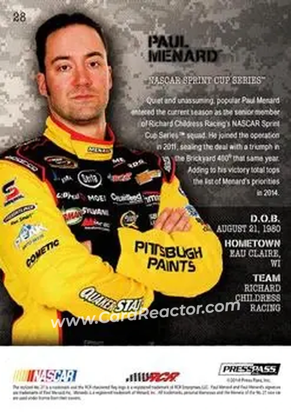 2014 Press Pass American Thunder #28 - Paul Menard - Richard Childress Racing - Back