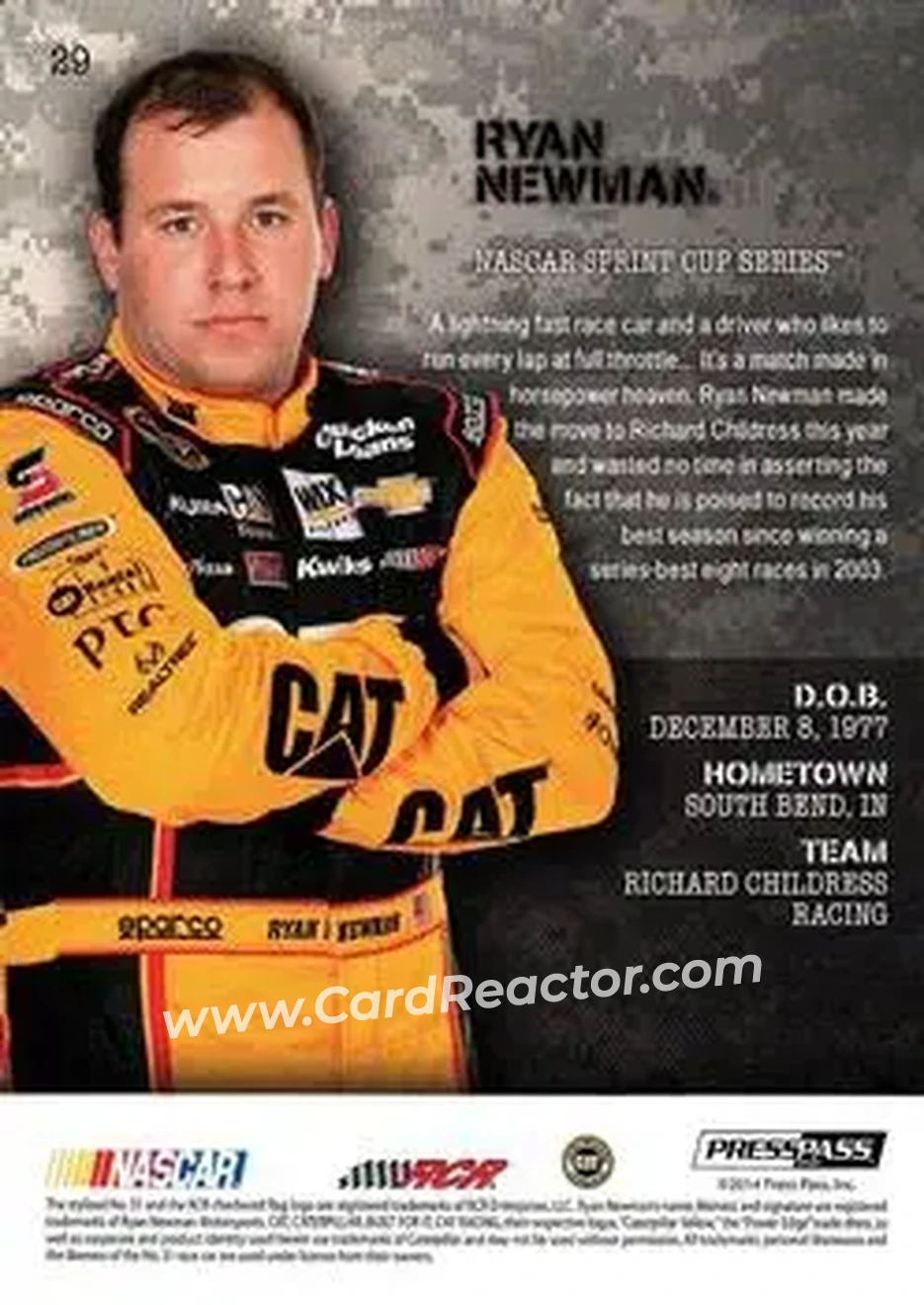 2014 Press Pass American Thunder #29 - Ryan Newman - Richard Childress Racing - Back