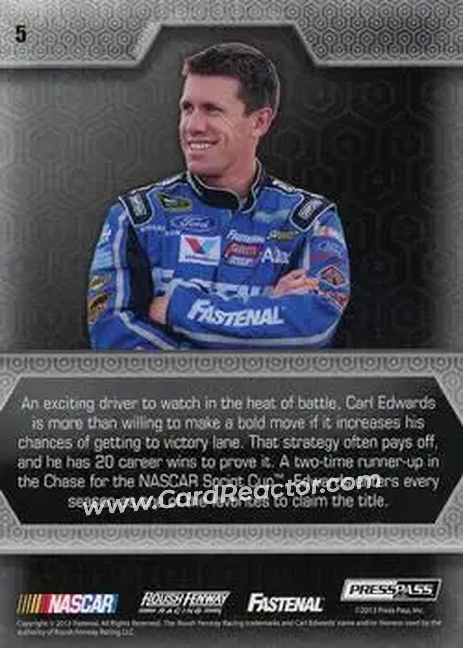 2014 Press Pass Five Star #5 - Carl Edwards - Roush Fenway Racing - Back 2014 Press Pass Five Star #5 - Carl Edwards - Roush Fenway Racing - Back
