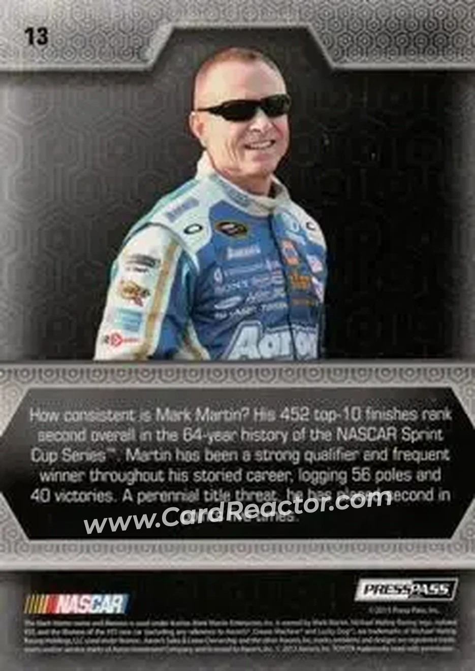2014 Press Pass Five Star #13 - Mark Martin - Michael Waltrip Racing - Back 2014 Press Pass Five Star #13 - Mark Martin - Michael Waltrip Racing - Back
