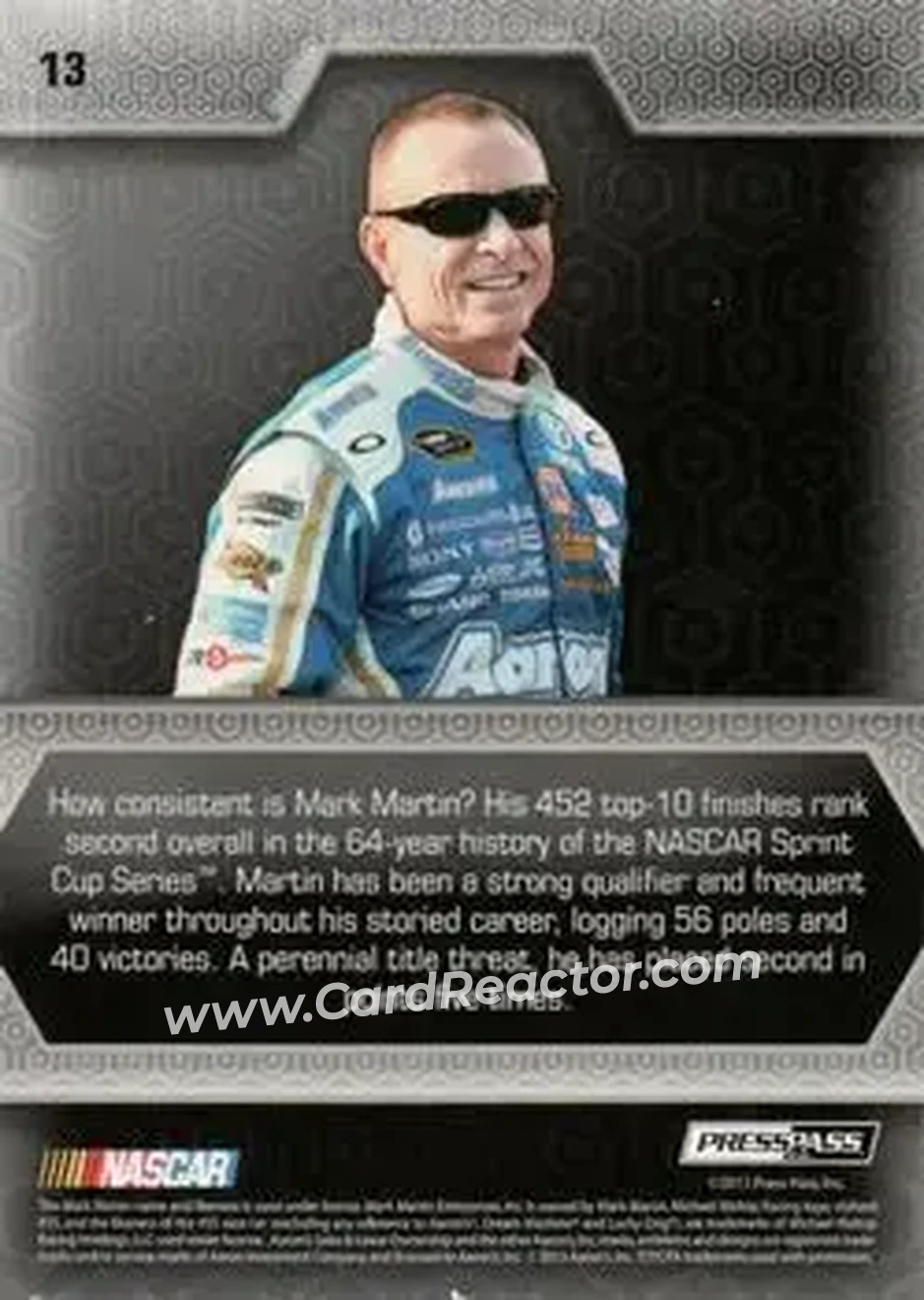2014 Press Pass Five Star - Holofoil #13 - Mark Martin - Michael Waltrip Racing - Back