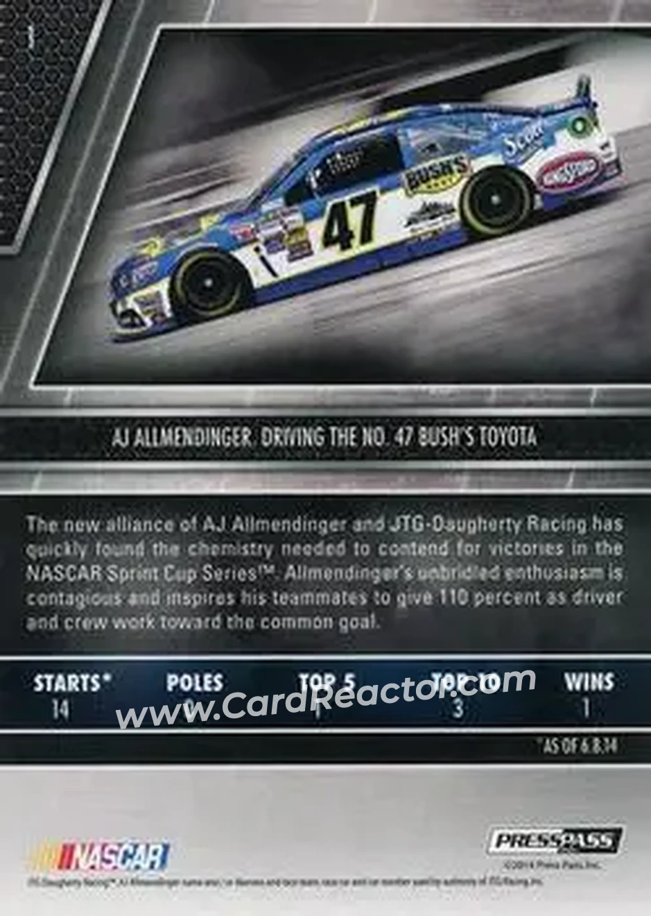 2014 Press Pass Redline #1 - AJ Allmendinger - JTG Daugherty Racing - Back