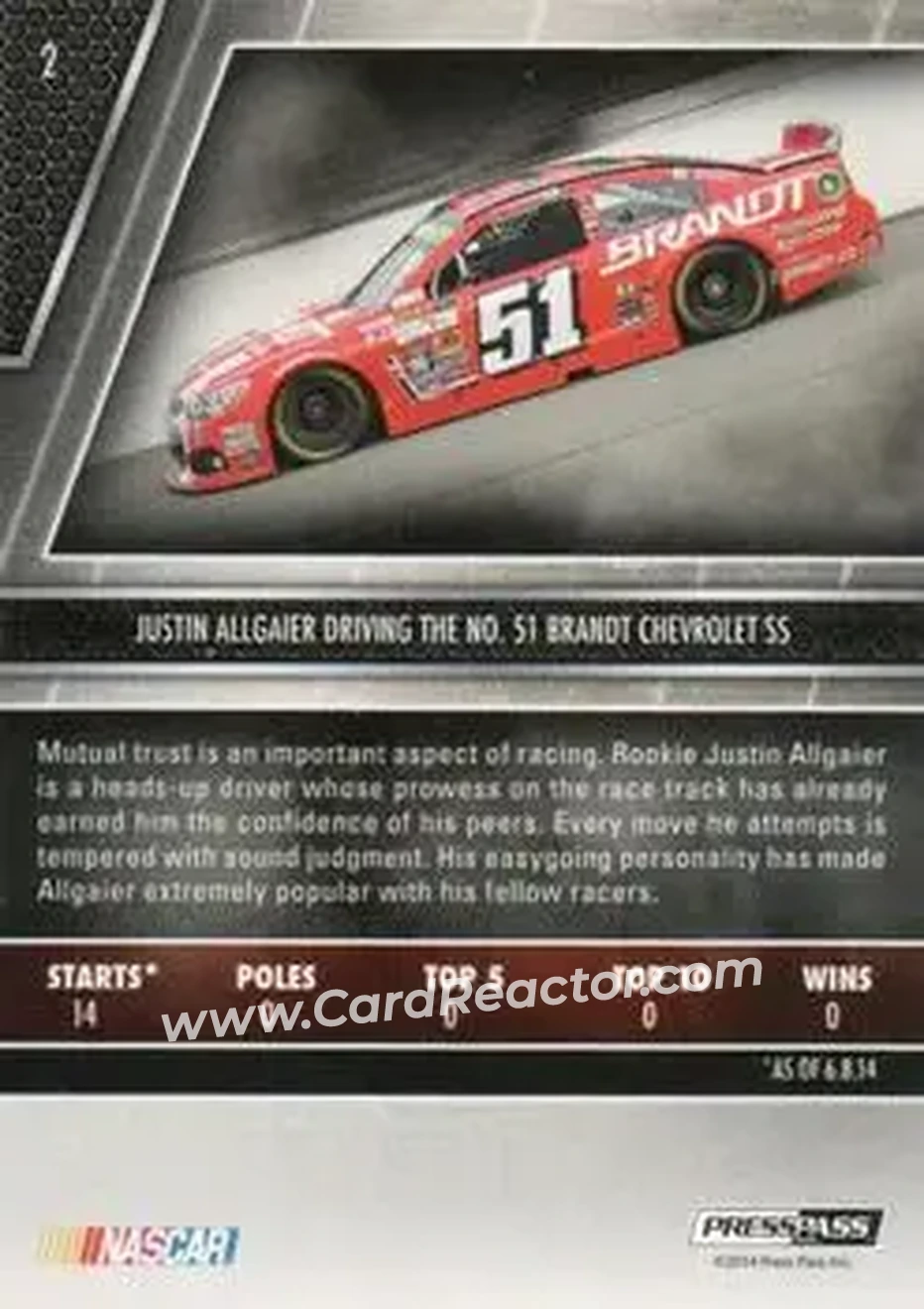 2014 Press Pass Redline #2 - Justin Allgaier - HScott Motorsports - Back