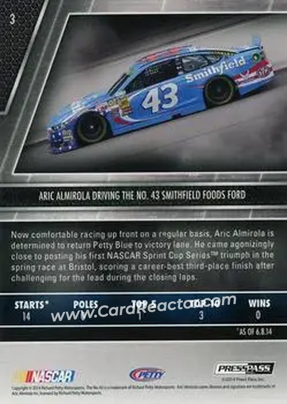 2014 Press Pass Redline #3 - Aric Almirola - Richard Petty Motorsports - Back