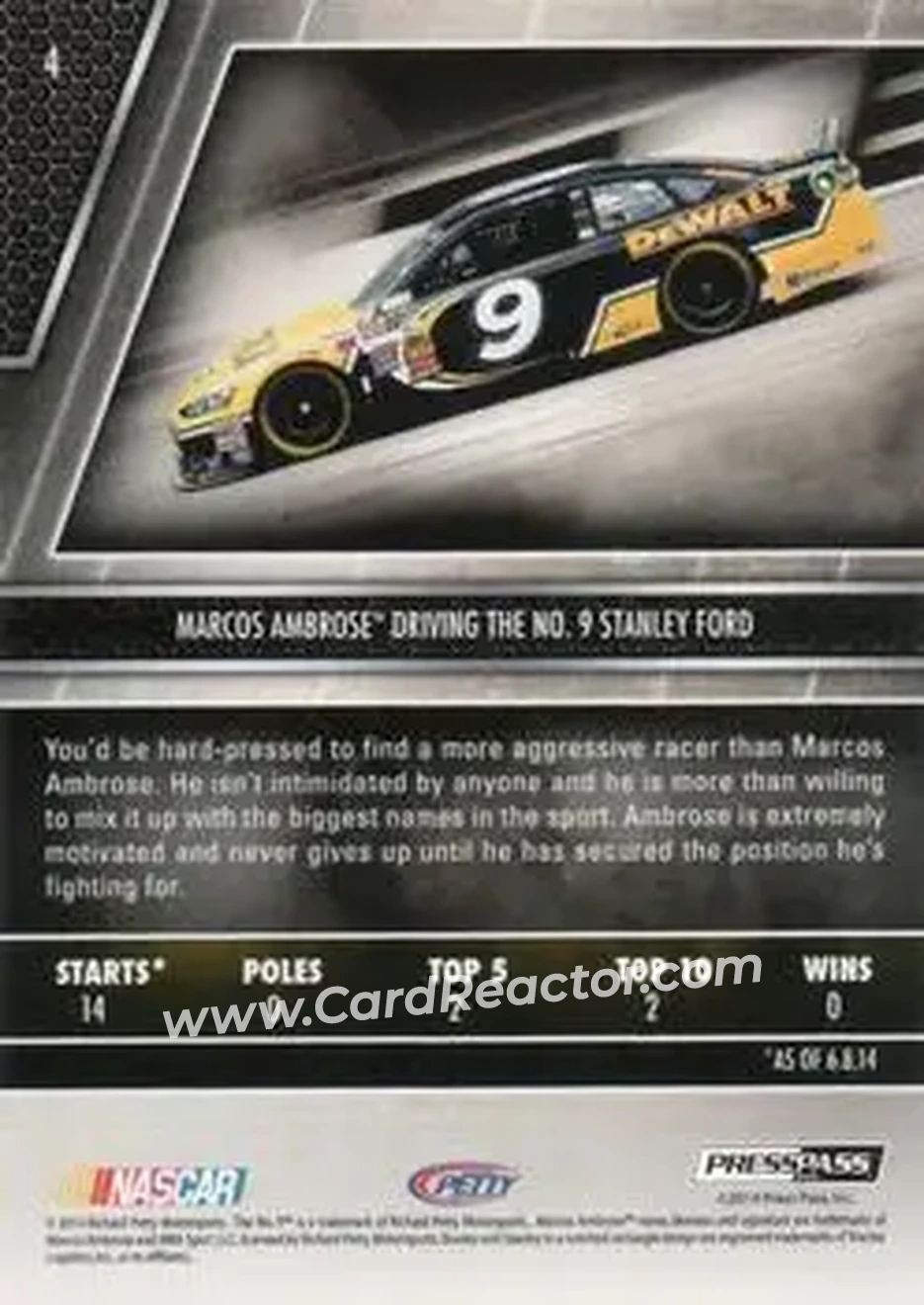 2014 Press Pass Redline #4 - Marcos Ambrose - Richard Petty Motorsports - Back
