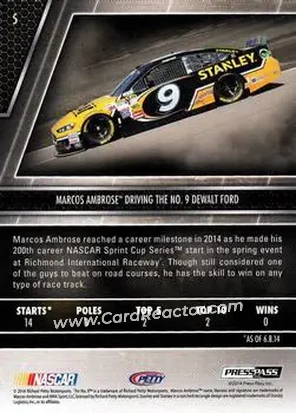 2014 Press Pass Redline #5 - Marcos Ambrose - Richard Petty Motorsports - Back