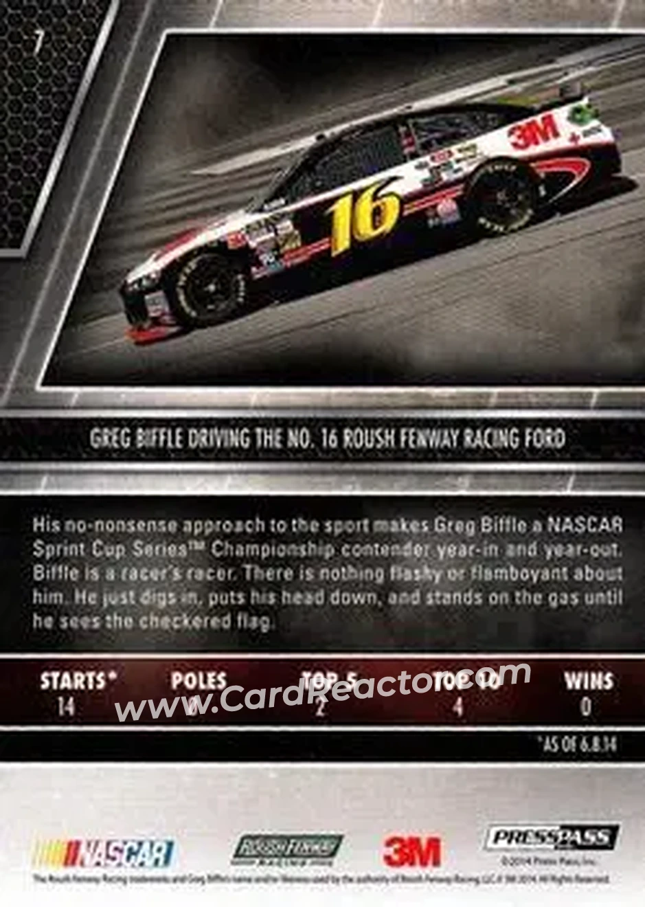 2014 Press Pass Redline #7 - Greg Biffle - Roush Fenway Racing - Back