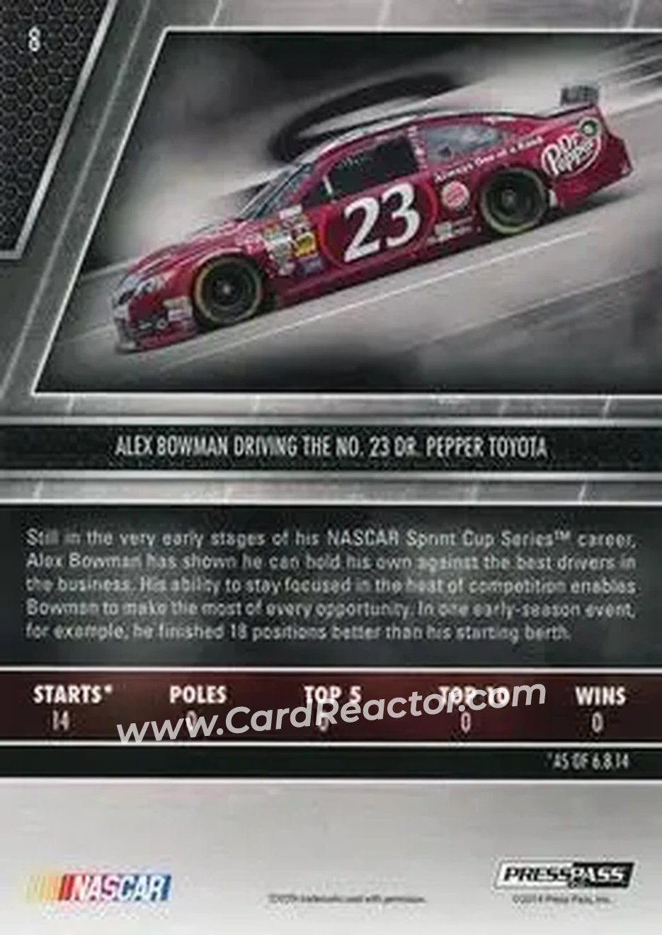 2014 Press Pass Redline #8 - Alex Bowman - BK Racing - Back