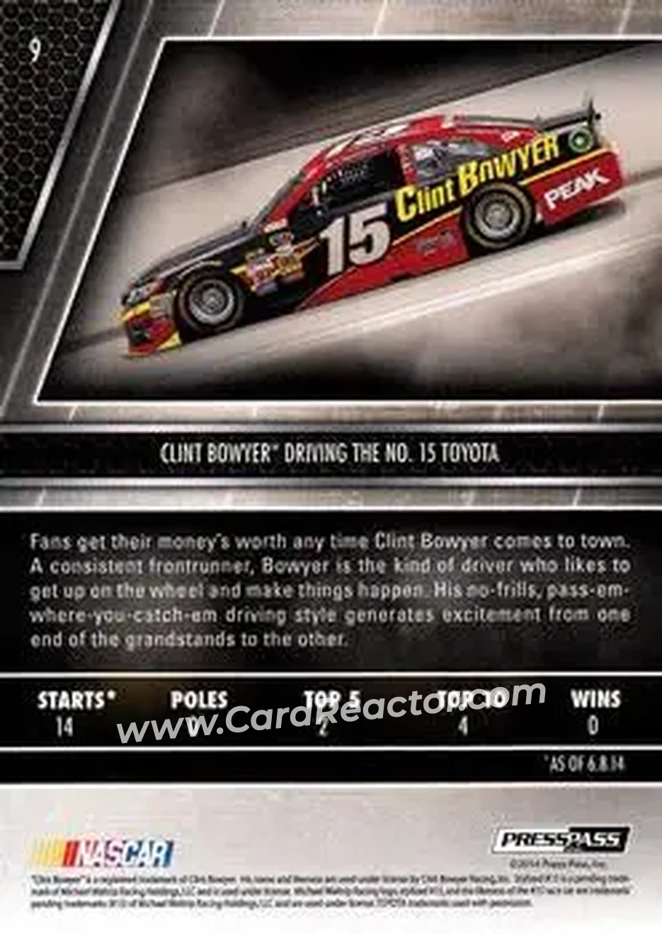 2014 Press Pass Redline #9 - Clint Bowyer - Michael Waltrip Racing - Back