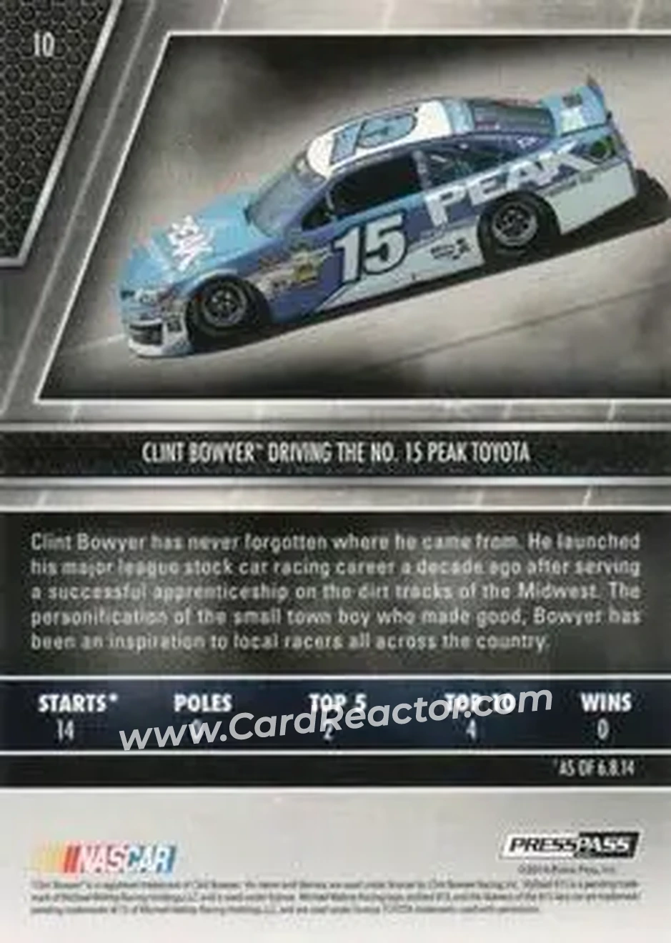 2014 Press Pass Redline #10 - Clint Bowyer - Michael Waltrip Racing - Back
