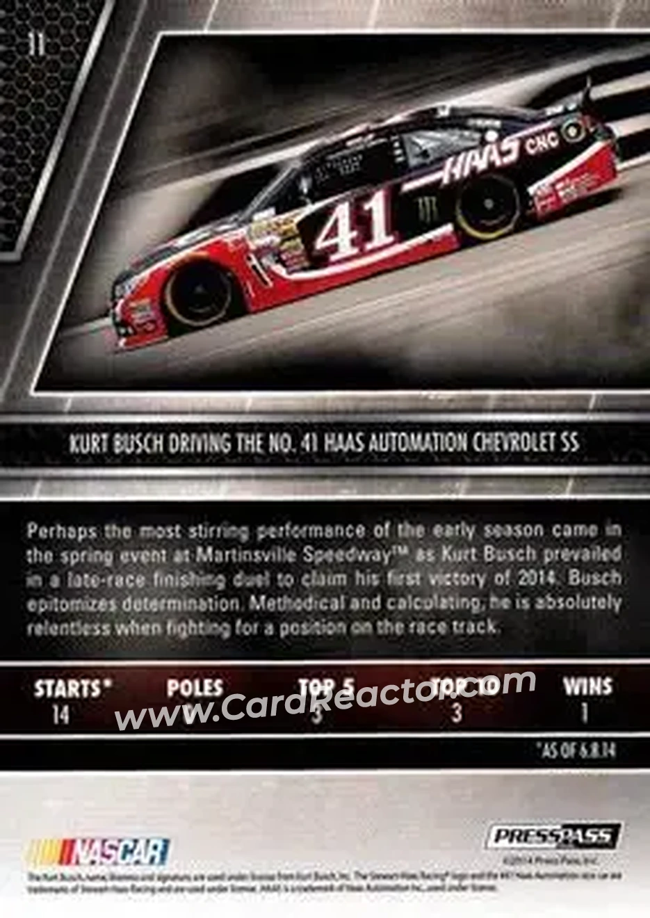 2014 Press Pass Redline #11 - Kurt Busch - Stewart-Haas Racing - Back