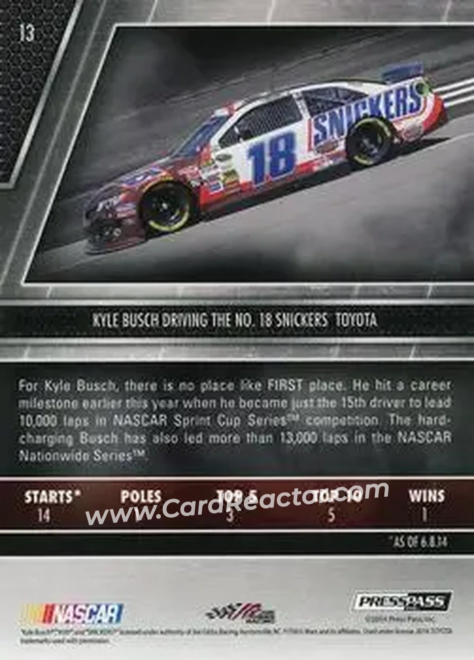 2014 Press Pass Redline #13 - Kyle Busch - Joe Gibbs Racing - Back