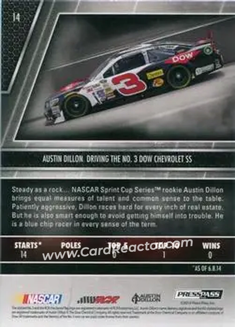 2014 Press Pass Redline #14 - Austin Dillon - Richard Childress Racing - Back