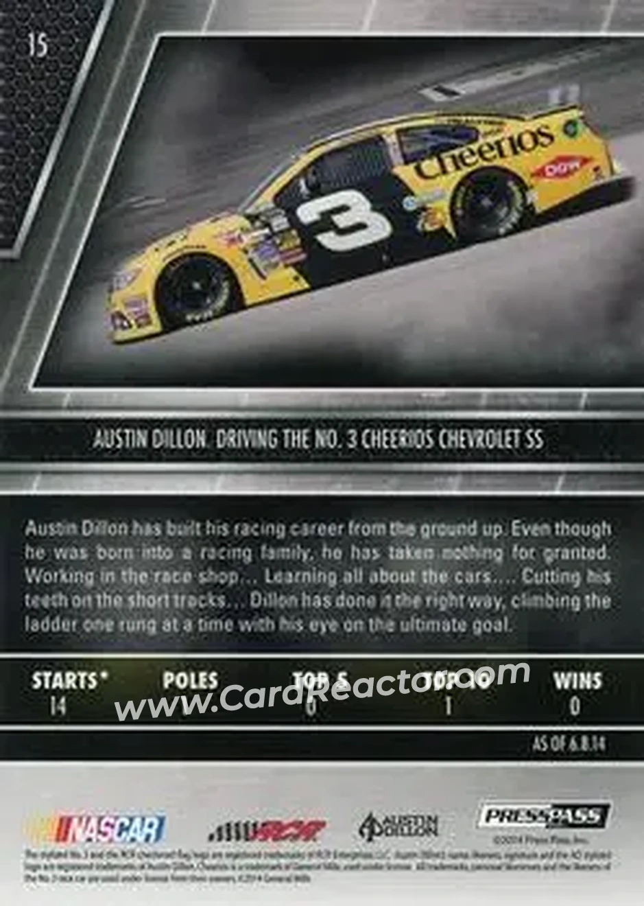 2014 Press Pass Redline #15 - Austin Dillon - Richard Childress Racing - Back