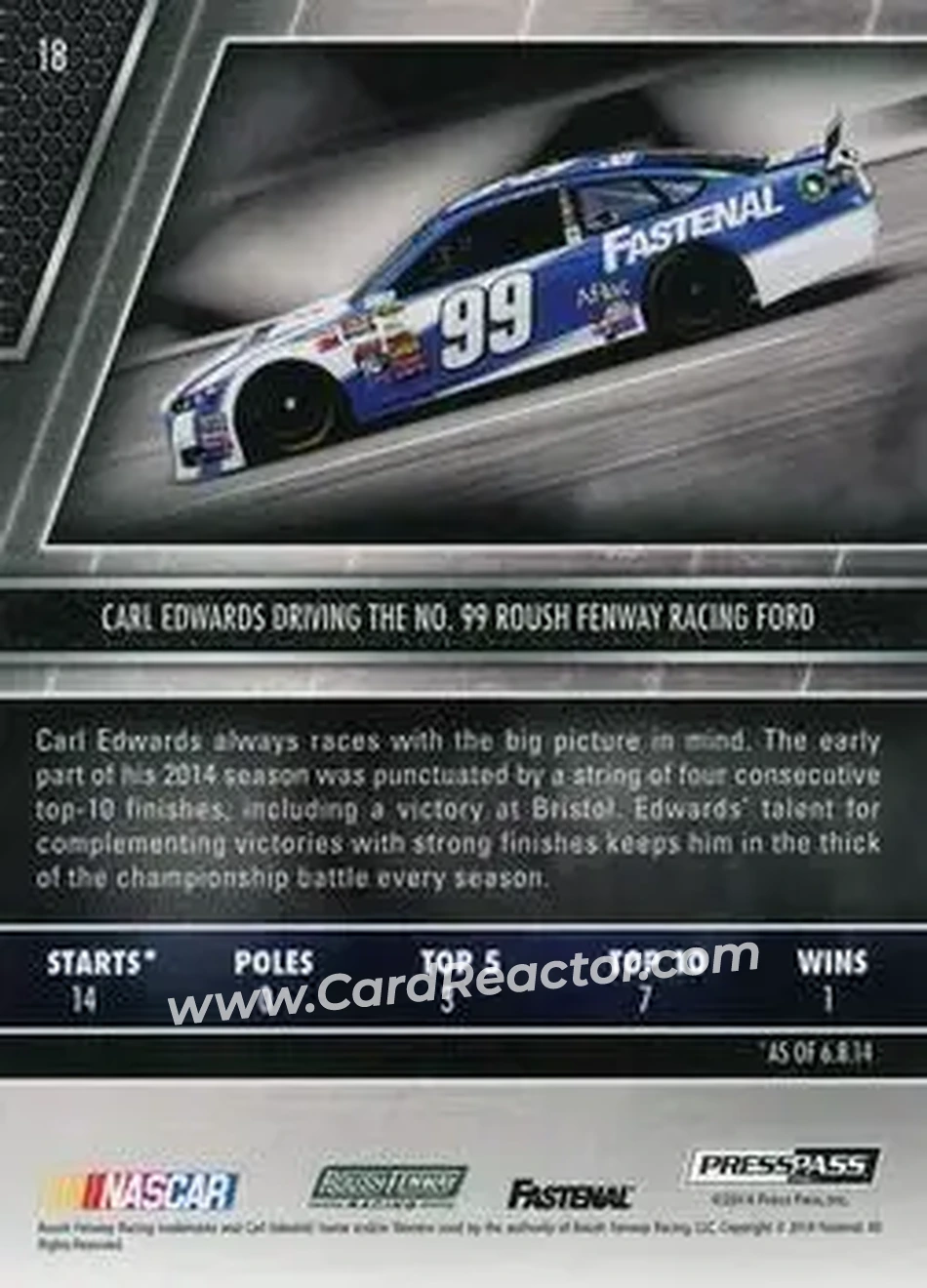 2014 Press Pass Redline #18 - Carl Edwards - Roush Fenway Racing - Back