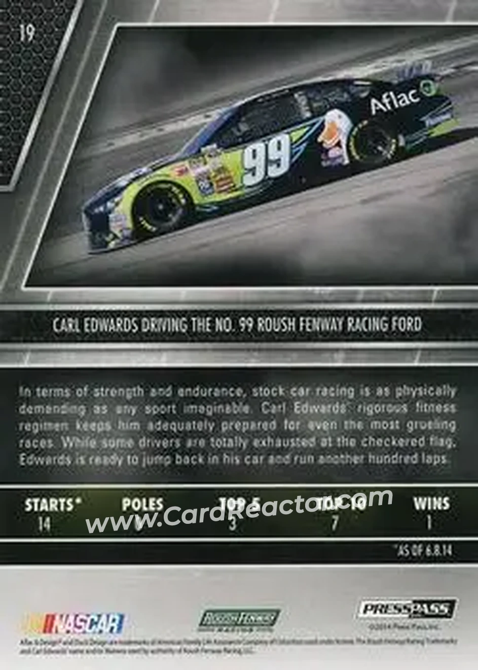 2014 Press Pass Redline #19 - Carl Edwards - Roush Fenway Racing - Back