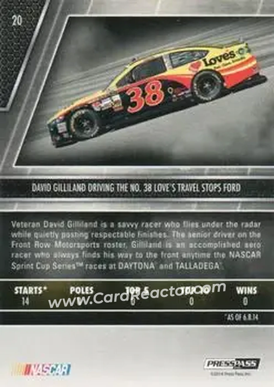 2014 Press Pass Redline #20 - David Gilliland - Front Row Motorsports - Back