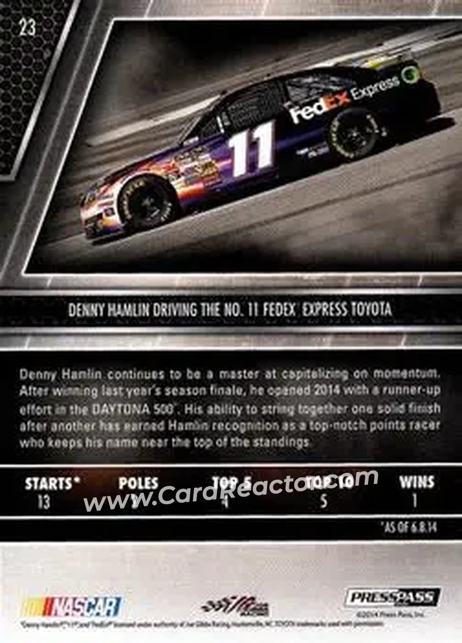2014 Press Pass Redline #23 - Denny Hamlin - Joe Gibbs Racing - Back