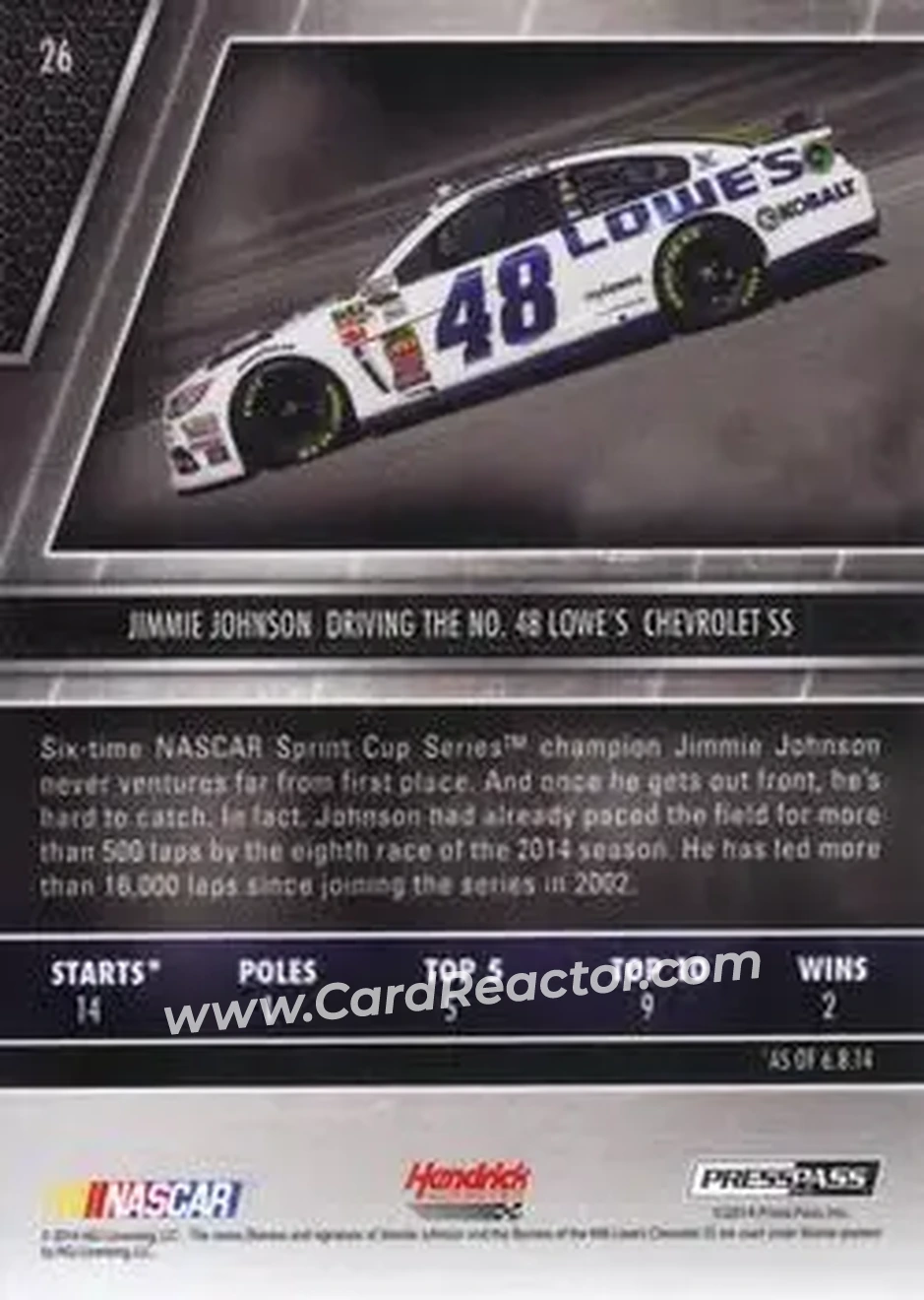 2014 Press Pass Redline #26 - Jimmie Johnson - Hendrick Motorsports - Back