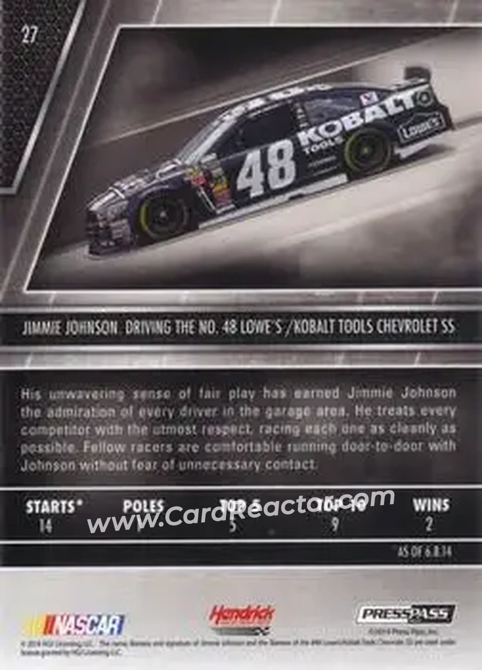 2014 Press Pass Redline #27 - Jimmie Johnson - Hendrick Motorsports - Back