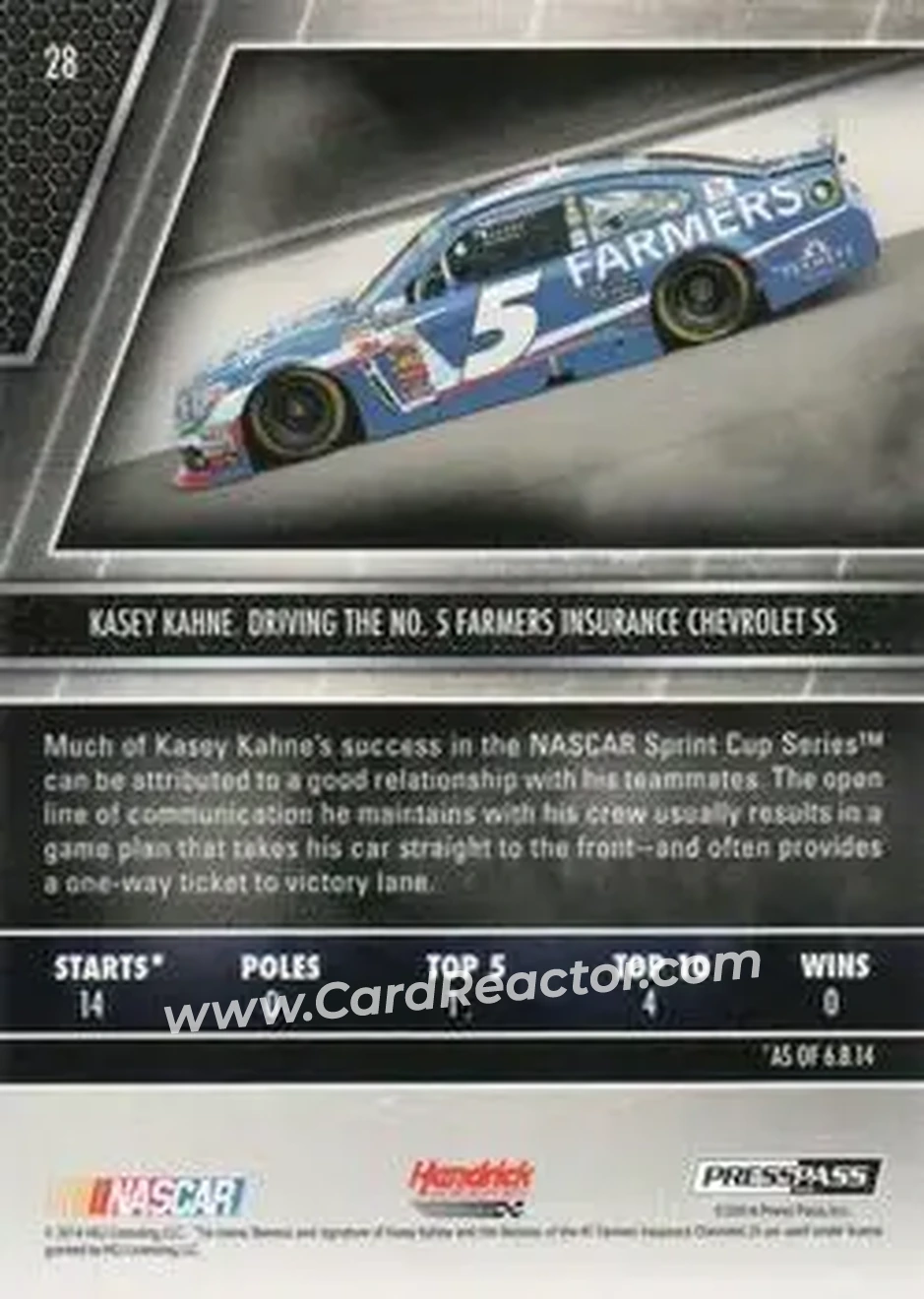 2014 Press Pass Redline #28 - Kasey Kahne - Hendrick Motorsports - Back
