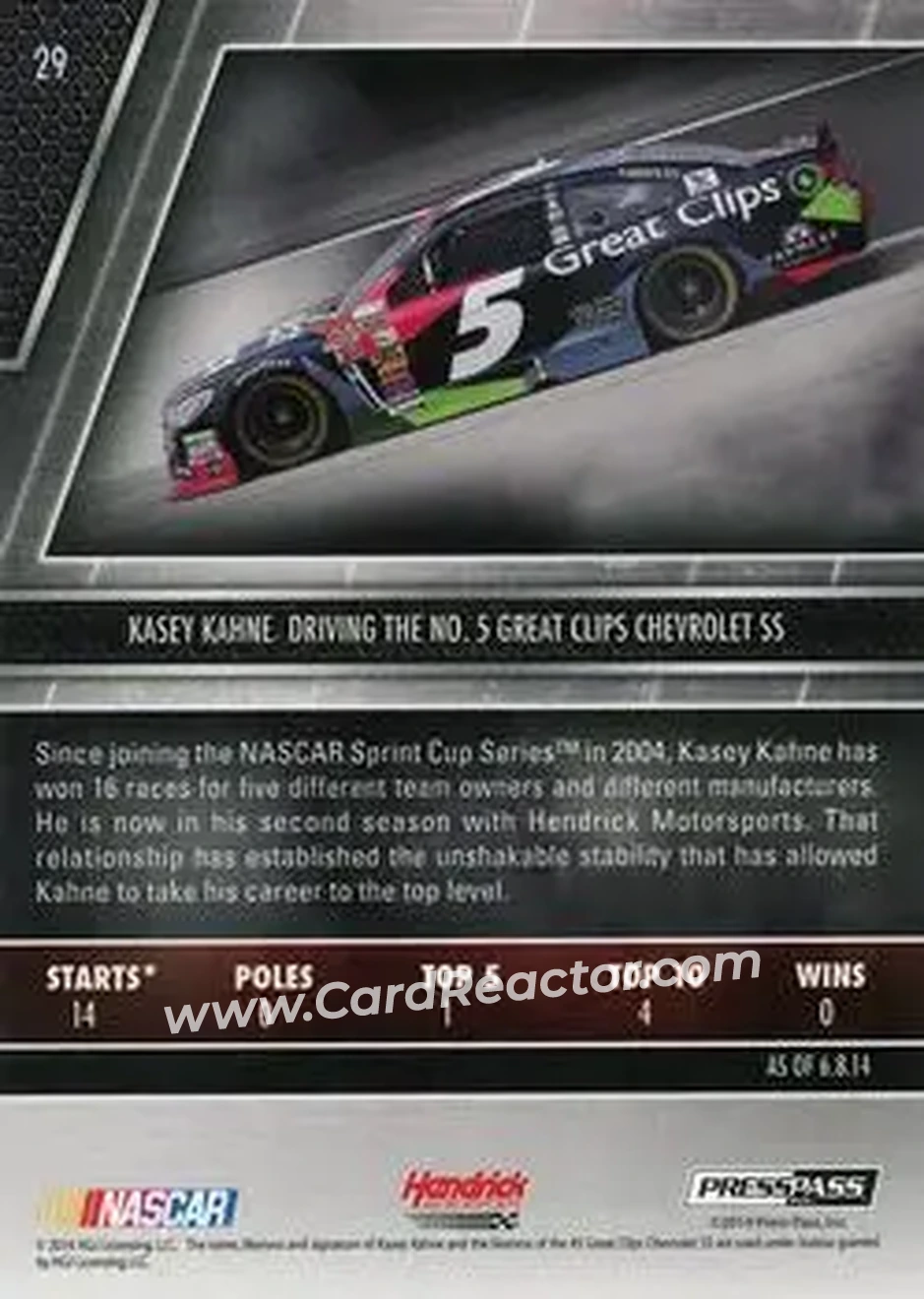 2014 Press Pass Redline #29 - Kasey Kahne - Hendrick Motorsports - Back