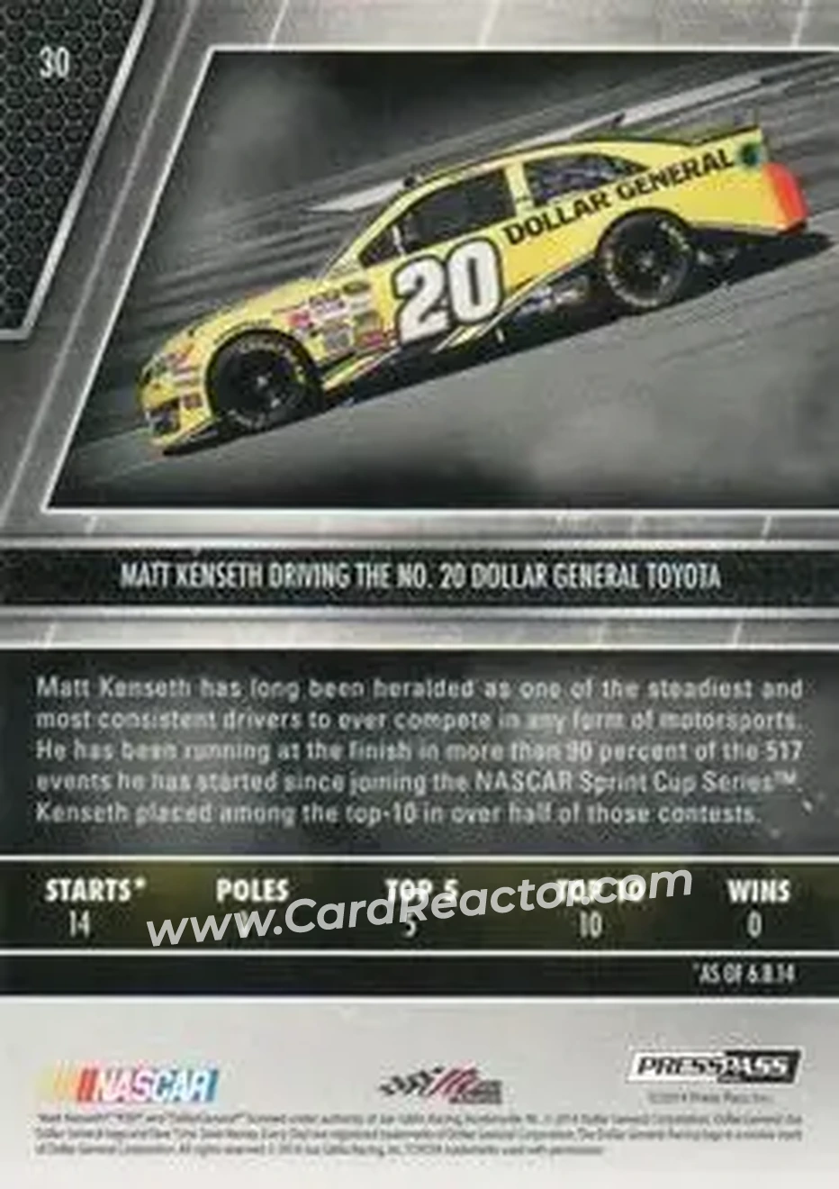 2014 Press Pass Redline #30 - Matt Kenseth - Joe Gibbs Racing - Back