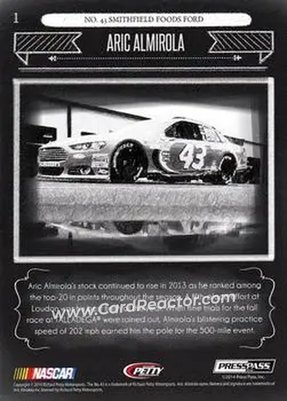 2014 Press Pass Total Memorabilia #1 - Aric Almirola - Richard Petty Motorsports - Back