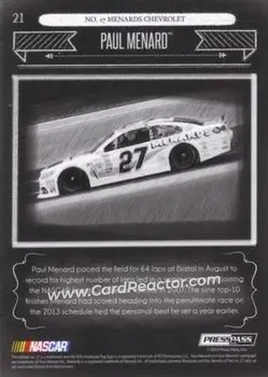 2014 Press Pass Total Memorabilia #21 - Paul Menard - Richard Childress Racing - Back