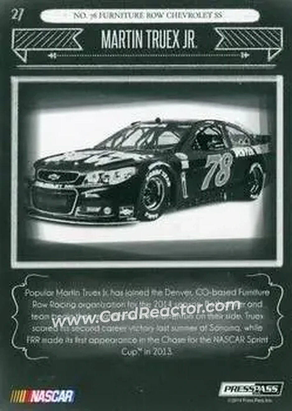 2014 Press Pass Total Memorabilia #27 - Martin Truex Jr. - Furniture Row Racing - Back 2014 Press Pass Total Memorabilia #27 - Martin Truex Jr. - Furniture Row Racing - Back