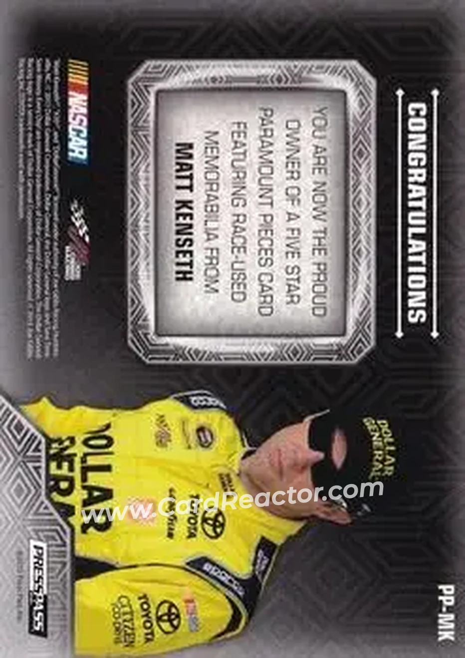 2014 Press Pass Five Star - Paramount Pieces Melting Patch #PP-MK - Matt Kenseth - Joe Gibbs Racing - Back 2014 Press Pass Five Star - Paramount Pieces Melting Patch #PP-MK - Matt Kenseth - Joe Gibbs Racing - Back