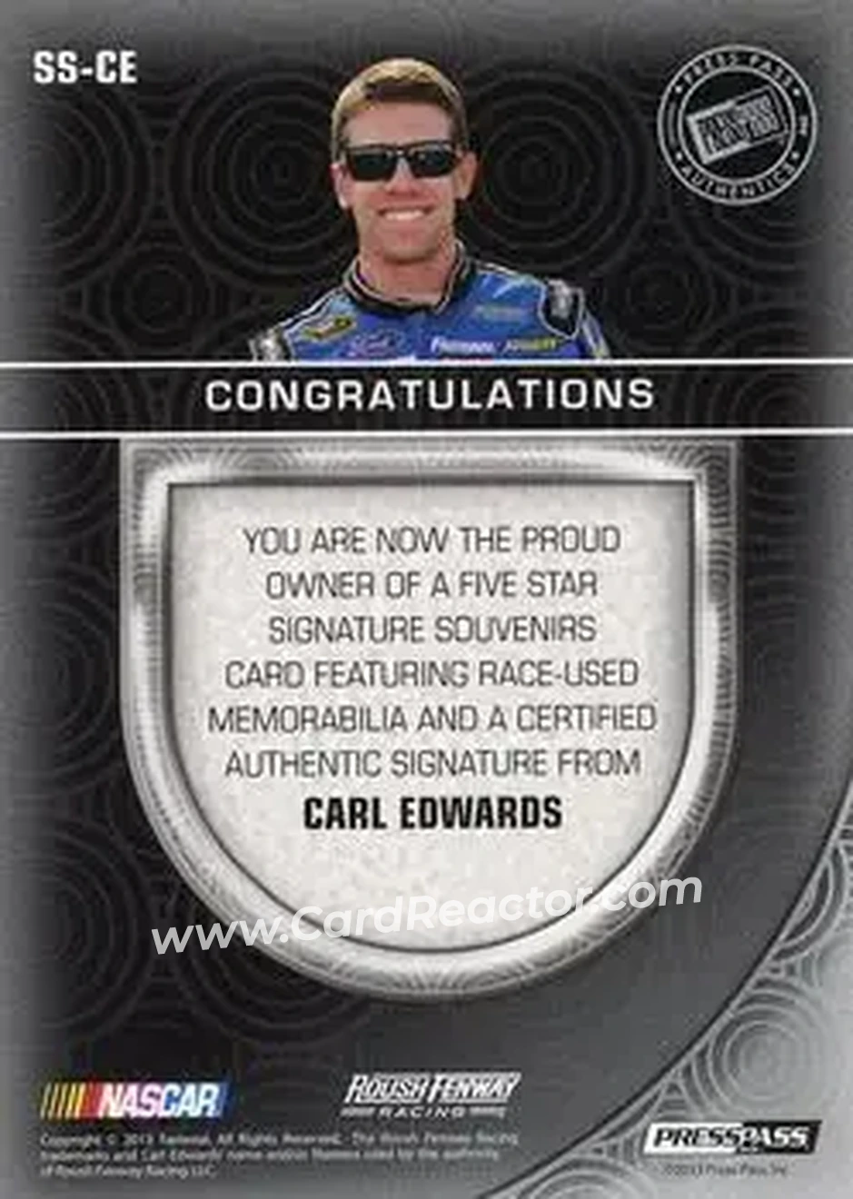 2014 Press Pass Five Star - Signature Souvenirs Gold #SS-CE - Carl Edwards - Roush Fenway Racing - Back
