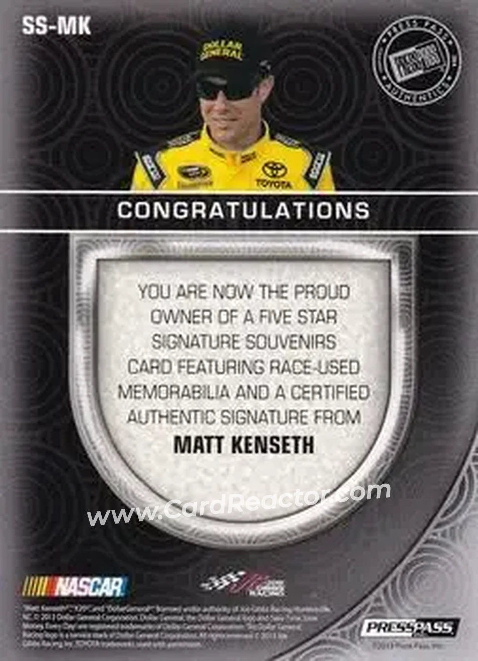 2014 Press Pass Five Star - Signature Souvenirs Gold #SS-MK - Matt Kenseth - Joe Gibbs Racing - Back