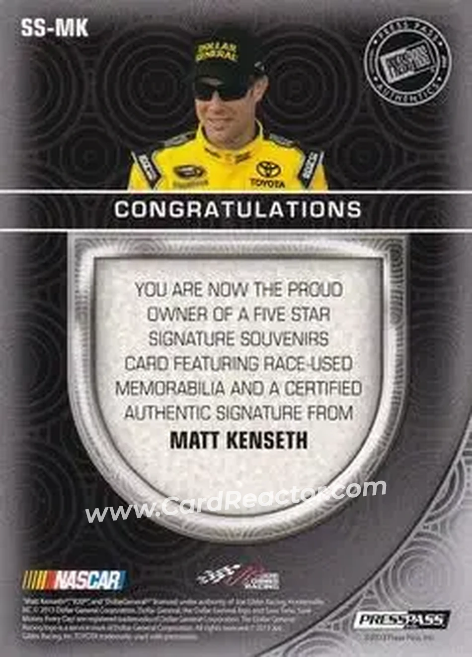 2014 Press Pass Five Star - Signature Souvenirs Holofoil #SS-MK - Matt Kenseth - Joe Gibbs Racing - Back