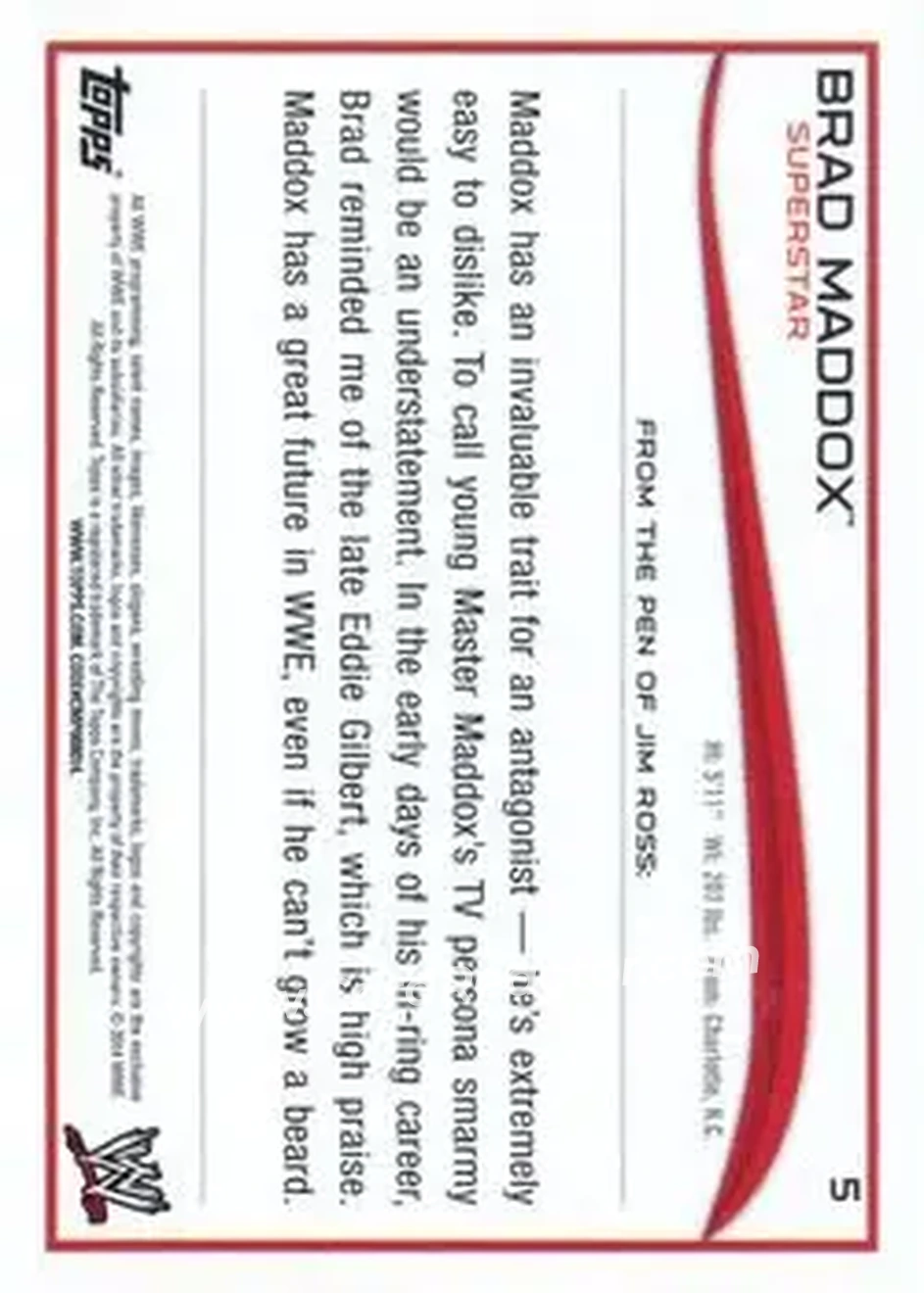 2014 Topps WWE #5 - Brad Maddox - Back