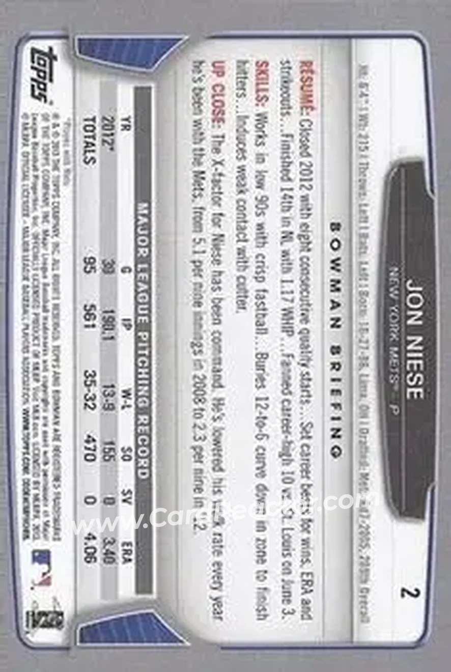 2013 Bowman #2 - Jon Niese - New York Mets - Back