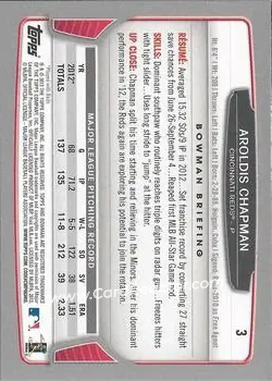 2013 Bowman #3 - Aroldis Chapman - Cincinnati Reds - Back