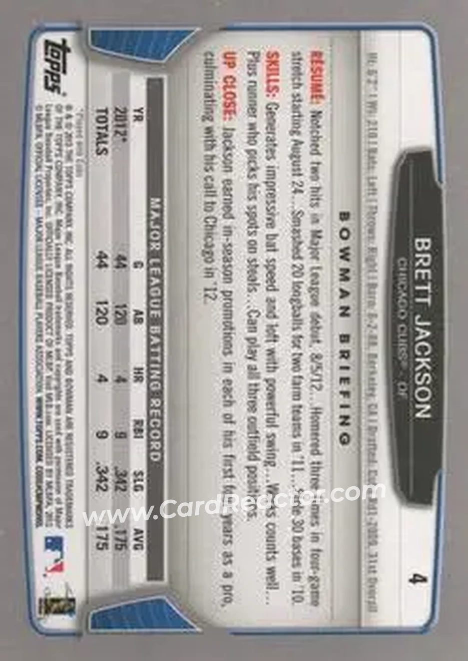 2013 Bowman #4 - Brett Jackson - Chicago Cubs - Back