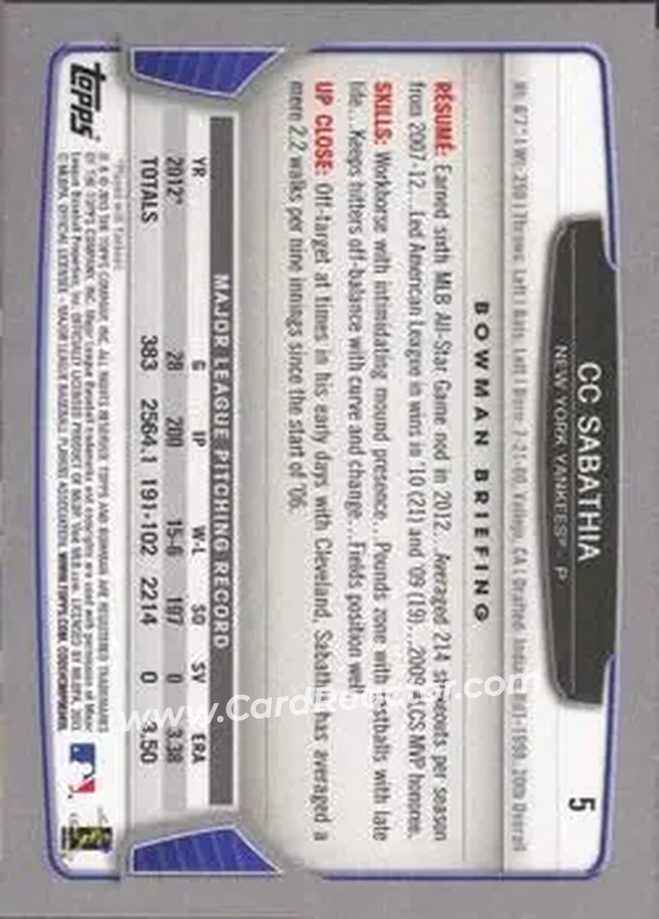 2013 Bowman #5 - CC Sabathia - New York Yankees - Back
