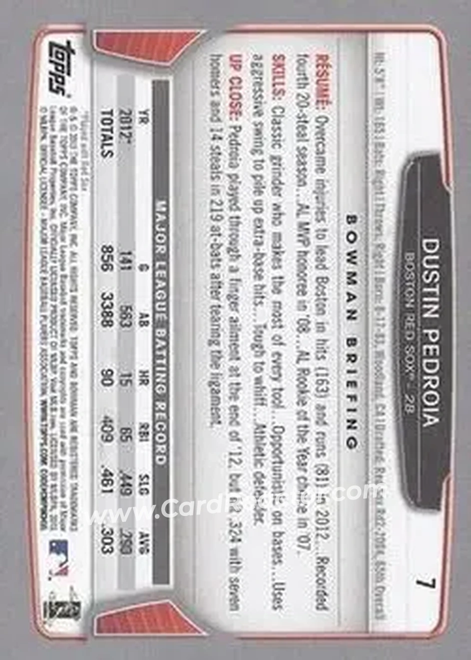 2013 Bowman #7 - Dustin Pedroia - Boston Red Sox - Back
