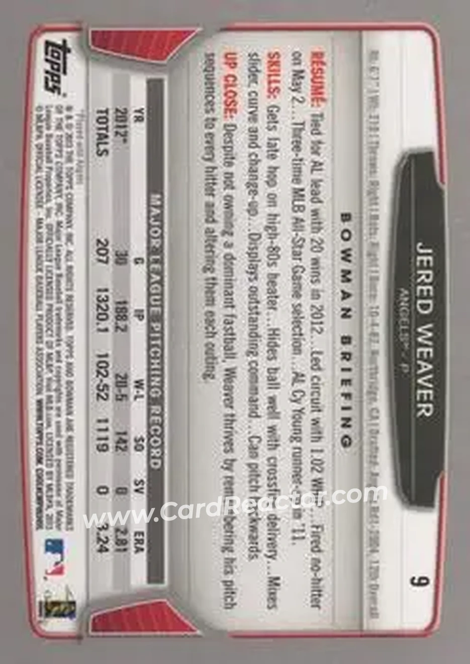 2013 Bowman #9 - Jered Weaver - Los Angeles Angels - Back