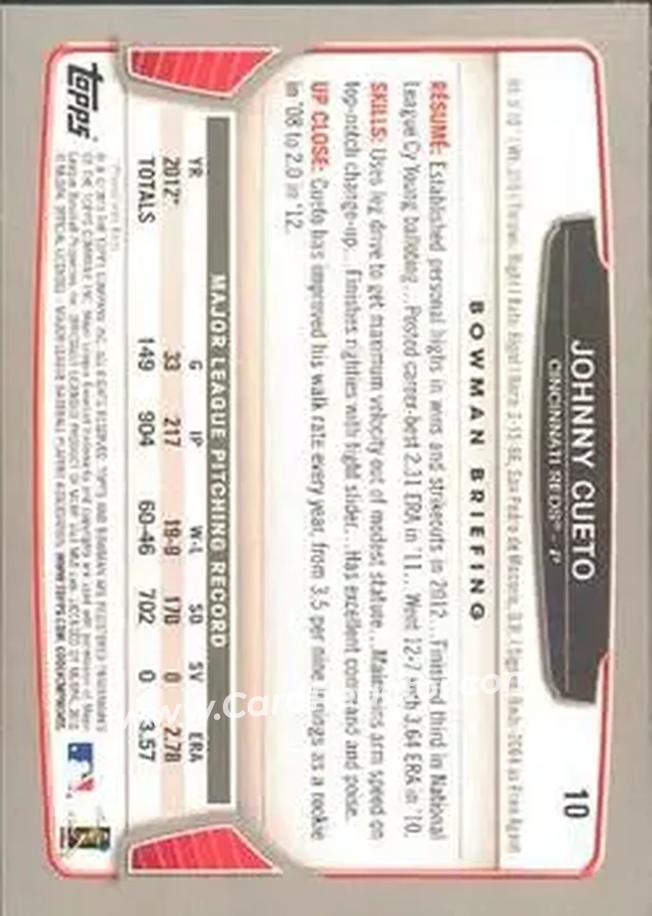 2013 Bowman #10 - Johnny Cueto - Cincinnati Reds - Back